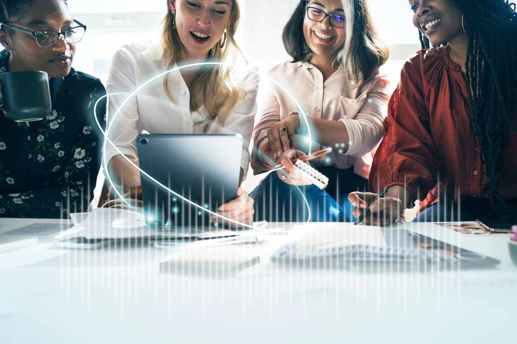 futuristic image of a group of people opening a 3D screen