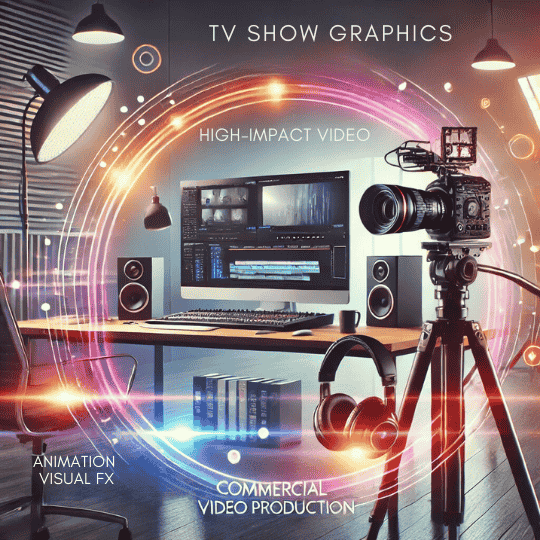 video production - A professional and visually striking title image for a video production services page. The design features a modern workspace with video editing